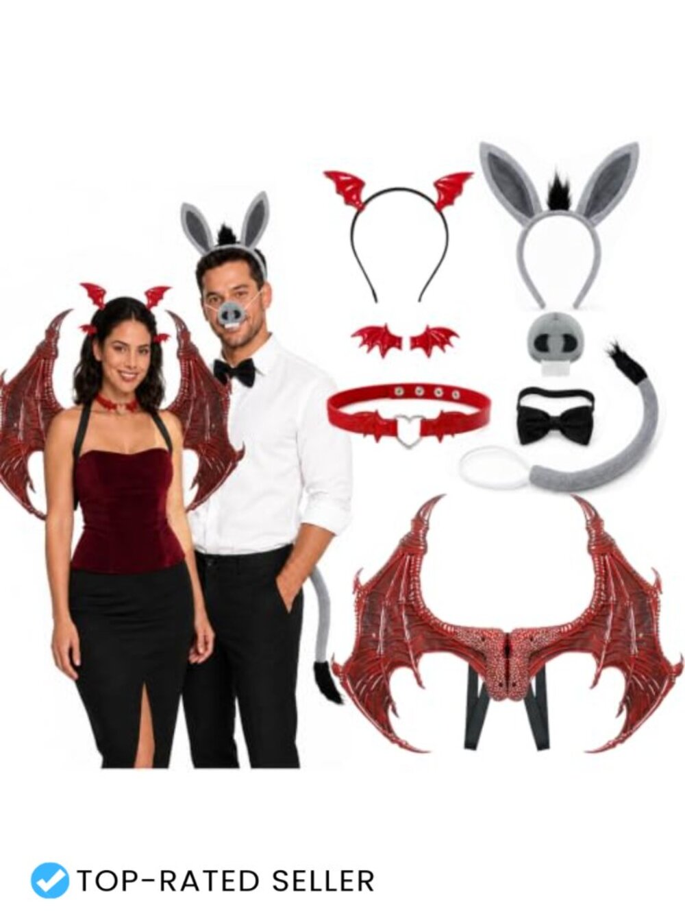 8pc Couples Halloween Costume Set Dragon Wings Donkey Accessories Polyester